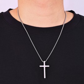 Fiusem Cross Necklace for Men, Inspirational Bible Verse Cross Chain for Men, Stainless Steel Box Necklace 14K Silver Plated 22", BE STRONG BE BRAVE BE FEARLESS YOU ARE NEVER ALONE