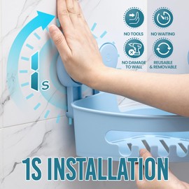 TAILI Suction Corner Shower Caddy, Bathroom Shelf Storage Basket Wall Mounted Organizer for Shampoo, Conditioner, Plastic Rack for Kitchen and Bathroom, Drill-Free Removable -Blue