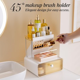 TidyStash Makeup Organizer Countertop, 45° Bathroom Organizers and Storage, Elegantly Designed, Ideal As Vanity Organizer, Makeup Brush Organizer, Bathroom Counter Organizer, Perfume Organizer, Amber