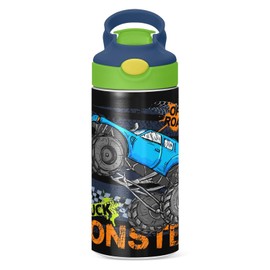 Monster Truck Black Kids Water Bottle with Straw and Carry Handle Racing Car Vacuum Insulated Stainless Steel Bottles 12 oz Green Lid Leak-Proof for Boys Girls Toddler 4-8 Years Old