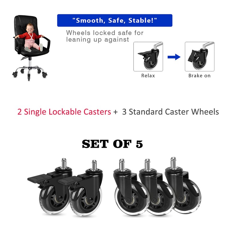 Hirate 5 Pack Office Chair Casters (2 with Brakes, 3