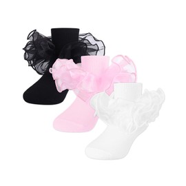 Witwot Toddler Girl Socks with Ruffle Dress Socks 5-7 Years Black-Pink-White