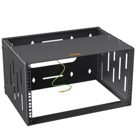 Perlegear 6U Open Frame Network Rack for 19″ Servers & AV Gear, Patch Panel Bracket for Shallow Servers, Network Switches, and IT Equipment, Floor-Standing or Wall-Mounted AV Rack, PGSER03