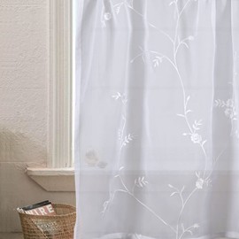 YINFUNG Sheer Curtain Valance Semi Voile 54x18IN White Floral Embroidered Kitchen Window Valance Flower Light Filtering 1 Panel