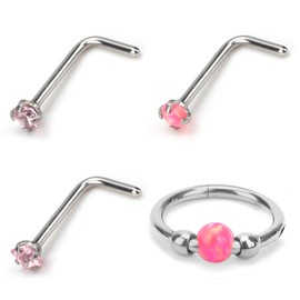 Mikovivi 4pcs Nose Rings, Stainless Steel 18g L Shaped Nose Studs Steel Hinged Clicker Segment Rings Hoop for Nostril Septum Cartilage Helix Rook Earlobe Lip Piercings Jewelry(Pink)