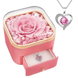 DEEMEI Eternal Real Rose Gift Box Preserved Forever Flower with Necklace for Mom Wife GirlFriend Romantic to Birthday Valentine's Day Anniversary - Color: Pink