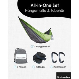 STEINWEBER Ultraleichte Hängematte für Camping & Wandern - Fallschirmseide 285x160cm für 2 Personen - 250kg Traglast (Grün)