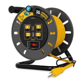 Camco 50-Ft 13 Amp RV Extension Cord Reel - Rated for 125V / 1,625W - Features 4 125V Electrical Outlets & 2 USB Ports - Includes On/Off Switch & Built-In Circuit Breaker (55291)