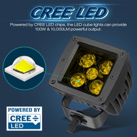 Amber LED Cubes, Niwaker 2Pcs 3 Inch 100W CREE LED Pods Yellow Light Bar Off Road Driving Lights Square Spot Work Light Waterproof Fog Lamps for Truck Pickup SUV ATV UTV Boat Front Bumper