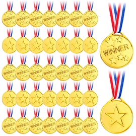 35 Pcs Gold Plastic Winner Medals for Awards, Participation Medals for Kids, Award Medal with Neck Ribbon for Sports, Games Competitions, Spelling Bees, Birthday Party Favor, Talent Show and More
