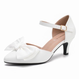 MAIERNISI JESSI Women's Bow Heels Closed Toe Kitten Heel Ankle Strap Dressy Wedding Pumps White 39 - US 8