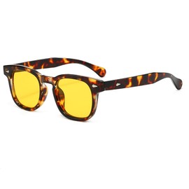 Long Keeper Retro Rectangular Sunglasses for Men Women Classic Small Square Sunglasses Tortoiseshell Black Vintage Glasses with UV Protection, Leopard Frame - Yellow Lenses