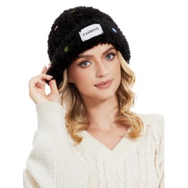 Knuffnee Women's Winter Slouchy Beanie Hat Warm Plush Winter Hat Soft Fluffy Knitted Hat, Black Buttons