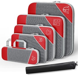 IMIFUN Compression Packing Cubes, Extensible Storage Mesh Bags Organizers - L+M+S+XS+Slim+Laundry Bag (Red)