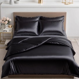 Cozyor Satin Bed Linen 155 x 200 cm Extra Thick and Soft with Robust Zip 2 x Pillowcases 80 x 80 cm Elegant Satin 3-Piece Black Eclipse