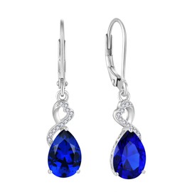 FJ Drop Drop Earrings Women's 925 Sterling Silver Birthstone Earrings Jewellery Gifts for Women, Sterling Silver Cubic Zirconia, Sapphire