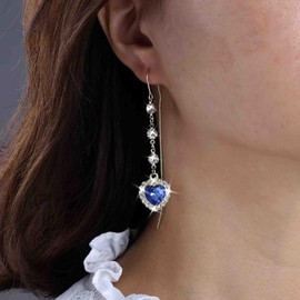 Wedding Long Rhinestone Tiny Heart Threader Earrings Gold Blue Crystal Love Pull Through Earring Thread Bridal Dainty Cz Tassel Chain Bride Diamond Dangle Sparkly Line Bar Drop Simple Prom Party Women