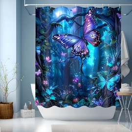 JINGYOU Blue Shower Curtain,Bathroom Shower Curtain 180cm Drop,Weighted Shower Curtains for Bathroom,3D HD Butterfly Theme Bath Curtain with 12 Hooks- Shower Curtain 150 x 180cm Drop