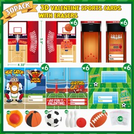Ellinjan 30 Pack Valentine Sports Cards for Kids with Mini Sports Ball Erasers, Bulk Valentines Party Favors, Fun Classroom Gifts, Boys Girls School Class Game Prize