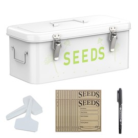 Orionstar Seed Storage Organizer, Metal Seed Saving Box with Lid, Seed Bin with 30 Plant Labels 30 Seed Envelopes 1 Marker Pens, 4 Compartments Box with Safety Locks, White
