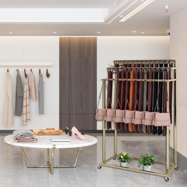 Floor Mounted Belt Hanger, Metal Men Closet Display Stand Organizer with Wheels, Ties Scarf Rack Shawls Purse Shelf Storage Holder for Clothing Bedroom Store ( Color : Gold , Size : 100X40X150CM )