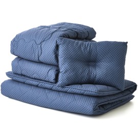 Showa Nishikawa Futon Set, Comforter, Lightweight Comforter, Futon, Pillow, 365-Day Use, 4-piece Set, Single, New Life, Checkered Pattern, Navy