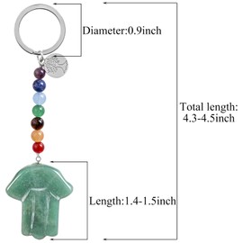 Nupuyai Crystal Key Ring with 7 Chakra Stone Beads and Tree of Life Charm, Healing Stone Hamsa Hand of Fatima Keyring Key Ring for Bag Charm Lucky Charm Amulet Car, Green