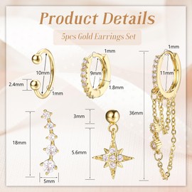 Thunaraz 5Pcs Stack Gold Studs Earrings for Women 14K Gold Plated 925 Sterling Silver Single Stud Hoop Earrings Sets for Multiple Piercings Heart Star Moon Hoop Dangle Earrings Stack Set Star
