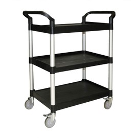 Thunder Group PLBC3316B Bus Cart, 33-1/2" x 16-1/8" x 37", 176 lb. Load Capacity, 3-Tier Shelving, Open Design, 2 Handles, 4 Swivel casters: 2 with Brakes, Plastic, Black, KD