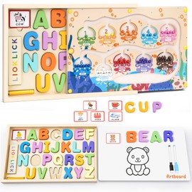 LIOKLICK 4-in-1 Magnetic Color and Number Maze Toys Box with Alphabet Puzzles Drawing Board, Wooden Storage Montessori Toy for 3-5 Year Old, Toddlers Educational Learning Toy Gifts for Kids Boys Girls