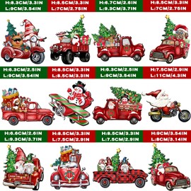 KATELUO Christmas Wooden Ornaments, 24 Pieces Christmas Red Truck Ornaments, Wooden Christmas Pendant, Christmas Tree Pendant, for Christmas Party Decor