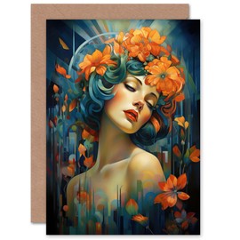 Artery8 Woman Portrait With Flowers Modern Art Deco for Wife Her Mum Sister Daughter Mom Gran Nan Birthday Thank You Congratulations Blank Art Greeting Card
