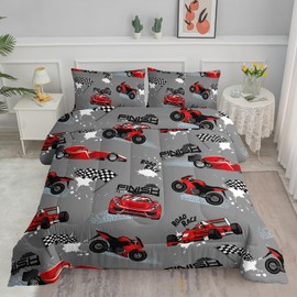Axolotl Kid Comforter Set Queen Size,Racing Car Bedding Set for Boys Girls Teen Car Racing Gifts,Race Cars Quilt Bed Set with 1 Comforter 2 Pillowcases,Red Grey