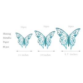 Cheerland 48 Pcs 3D Teal Blue Butterfly Wall Stickers Removable Metallic Room Decals for Walls Nursery Girls Room Wedding Baby Shower Birthday Party Decorations