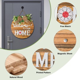 Interchangeable Wooden Seasonal Welcome Sign, Round Front Door Wreath for Front Door, Porch, Farmhouse, Wall Decoration, Suitable for Spring, Summer, Fall and Winter Seasons Holiday Decoration