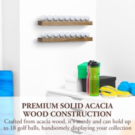 MyGift Set of 2 Premium Acacia Solid Wood Wall Mounted Golf Ball Collection Display Rack, Wooden Hanging Holder Storage Shelves Decor Holds up to 18 Balls