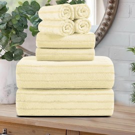8 Pcs Light Yellow Cabana Stripe Bath Towel Set Oversize Bath Sheet-2 Bathroom Towels,2 Hand Towels,4 Washcloths Soft Jumbo Towels Absorbent Shower Towel Quick Dry Beach Chair Towel for Spa Gym Hotel