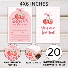 RPLCSPC Sweet Girl Baby Shower Invitation Strawberry Baby Shower Gender Neutral Party Fill in Invites Cards Pink Bow Invitation Paper Cards for Gender Reveal Birthday Party Supplies, 20 Sets-A12