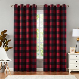 Melodieux Buffalo Check Plaid Blackout Curtains 54 Inches Long for Bedroom, Living Room Thermal Insulated Room Darkening Grommet Drapes, Black Red, 50 x 54 Inch, 2 Panels