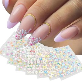 30 Sheets Colorful Flower Nail Art Stickers 3D Self-Adhesive Flower Nail Decals Flower Daisy Bow Stickers with Rhinestones Nail Designs for Women Manicure Tips
