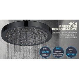 High Pressure Rainfall Shower Head, 6 Inch Chrome & Black Face - Easy Install, 360-Degree Adjustable, Anti-Clog Nozzles, Wall Mounted.