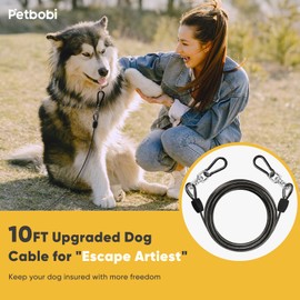 Petbobi Heavy-Duty Dog Tie-Out Cable - 10FT Extra Strong Wire Cable for Large Pets Up to 300Lbs, Rust Proof Dogs Leash with Carabiners and 360° Swivel, Pet Leads for Yard Camping Outside, Black