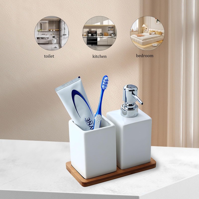 Weißes Badezimmer-Zubehör-Set, 3-teiliges Keramik-Badezimmer-Set, luxuriöses Badezimmerzubehör, inklusive 320 ml Flüssigseifenspender,