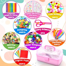 LINAYE Arts and Crafts Supplies for Kids, DIY Craft Box Kits, Craft Supplies Set Include Pompoms, Pipe Cleaners for Kids Ages 4-6 6-8 Birthday Christmas Gifts for Boys Girls Rose