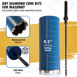 4-1/2" Dry Diamond Core Drill Bits for Brick and Block, 9.5" Drilling Depth, 10mm Segment Height, SDS Max Pilot Bit Adapter