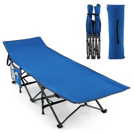 Tangkula Foldable Camping Cot, Portable Sleeping Cot with Carrying Bag, Side Storage Pocket, Sleeping Cot Bed for Adults, Indoor Outdoor Sleeping Bed for Camp, Travel, Office, Supports 600Lbs (Blue)