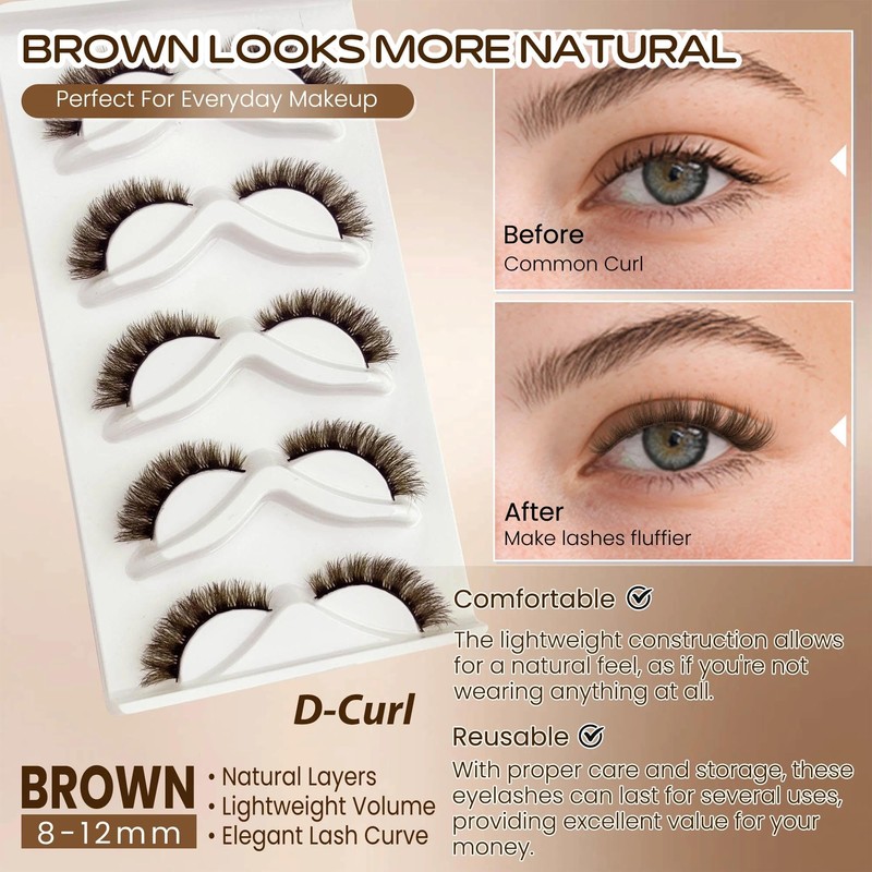 Brown Lashes Strips False Eyelashes D-Curl 12mm Short Fluffy Cat