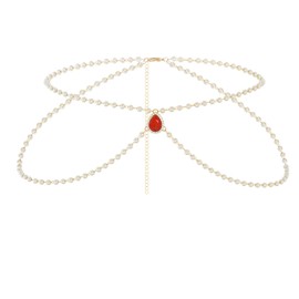 Wriidy Pearl Waist Chain White Women Red Rhinestone Belly Chain Adjustble Belt Body Jewelry Accessories for Dress, Medium, Non-Precious Metal, No Gemstone