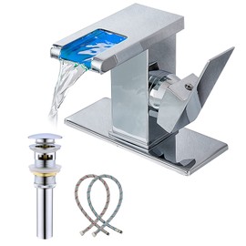 Bathroom Sink Faucet Chrome Waterfall Single Hole One Handle Bathroom Faucet Led Light Color Chaning Vanity Modern with Pop-up Drain Suitable for RV Lanudry Deck Mount Basin