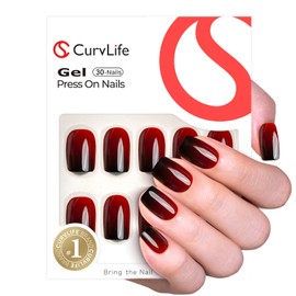 Curvlife Soft Gel Short Press On Nails Kit - 30pcs Red Ombre Oval Full Cover False Christmas Nail Tips Designs, Fake Nail with Nail Glue - Easy Application Nail Accessories for Women